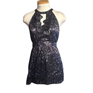 Rebecca Taylor 100% Silk Ruffled High Neck Purple and Back Blouse Size 4